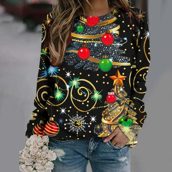 JingHai Ugly Christmas Sweatshirts Women Christmas Sweater Xmas Tree Sequin Top Winter Crewneck Family Holiday Outfits-Multicolor M