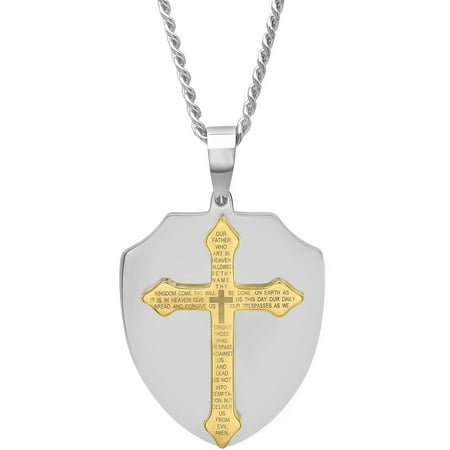 Men's Stainless Steel Two-Tone Lord's Prayer Shield Pendant, 24