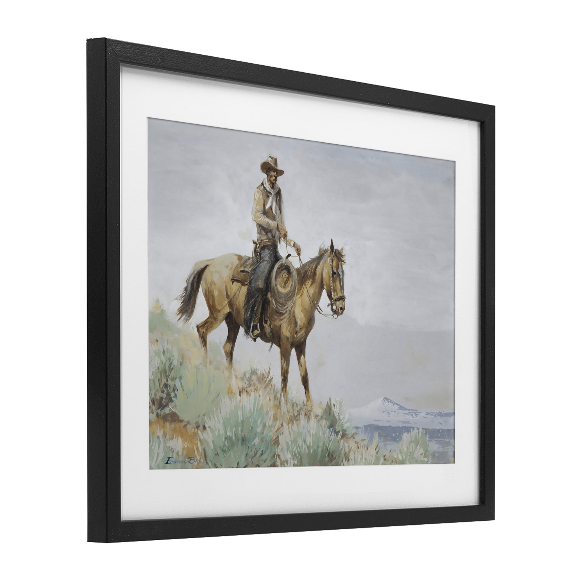 Stupell Industries Mounted Cowboy on Sagebrush Ridge Black Framed Print Under Glass, design by Arlington Prints