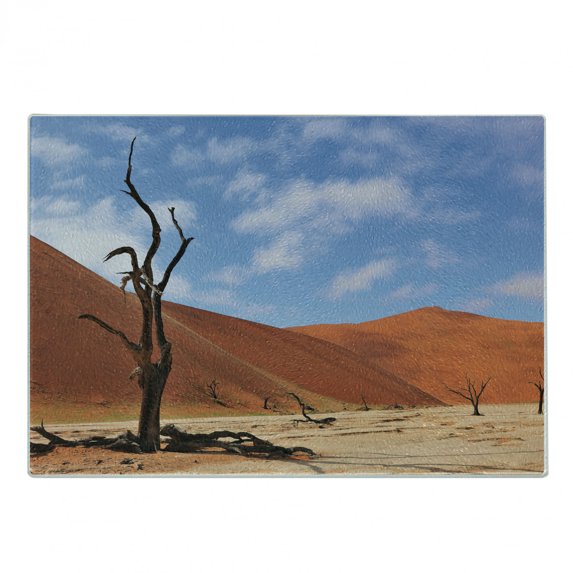 Nature Cutting Board, Lonely Tree Skeletont Deadvlei NamibiSandy Desert Landscape Picture, Decorative Tempered Glass Cutting and Serving Board, Small Size, Brown Blue, by Ambesonne