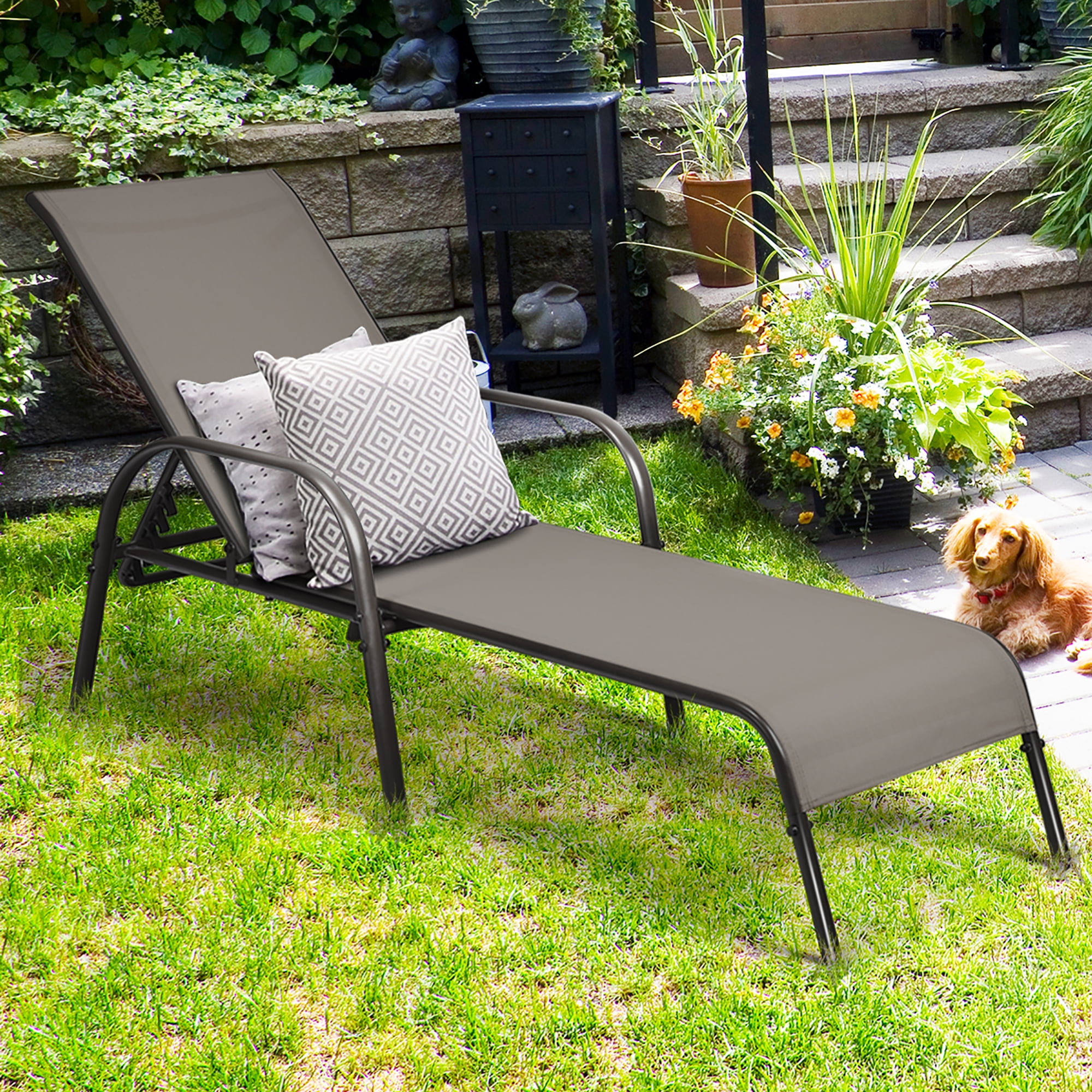 Costway Reclining Fabric Outdoor Chaise Lounge - Brown - Walmart.com