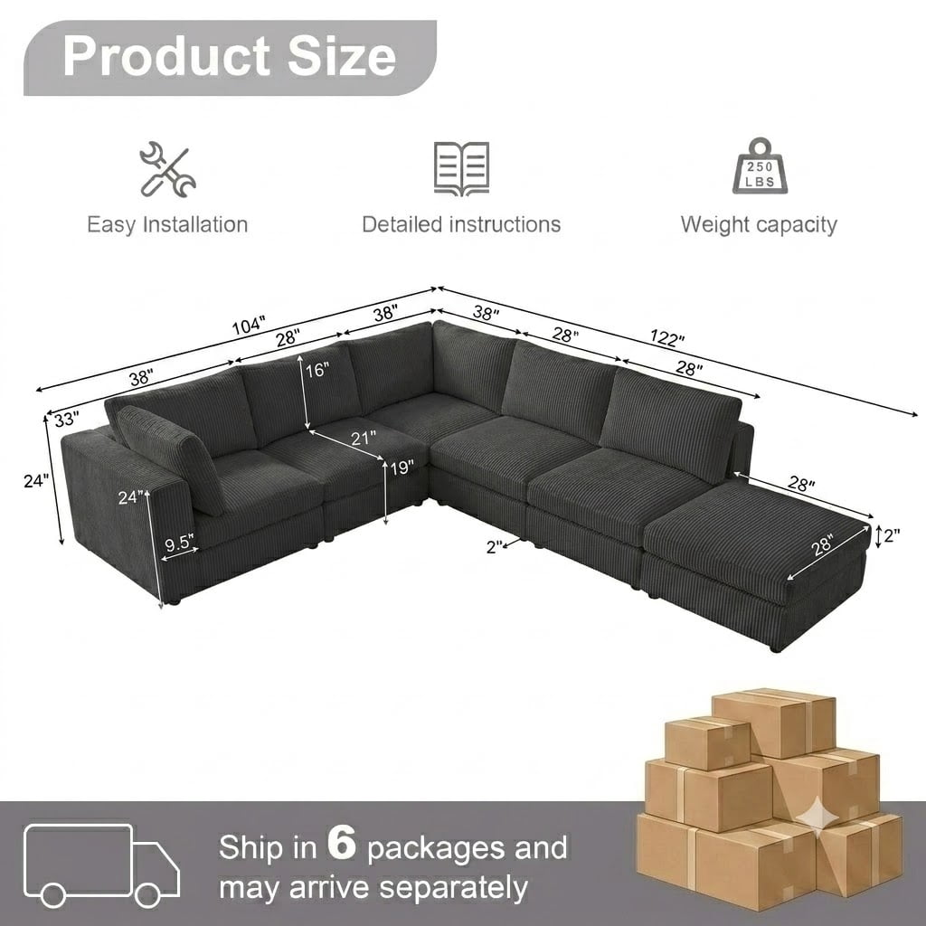 Howcool Cloud Couch Modular Sectional Sofa 6 Seat 122" L Shaped Reversible Convertible Couch, Corduroy Thick Cushion with Movable Ottomans, Washable Removable Cover for Living Room,Black