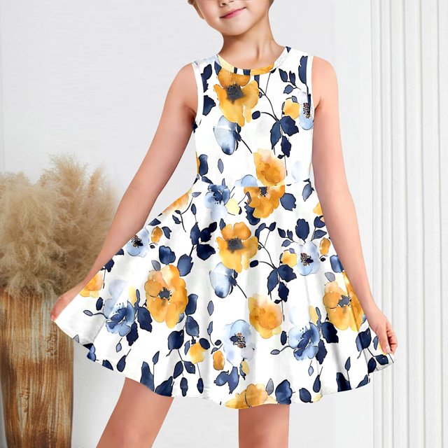 LOVZFMLL Robe d'Été à Manches Courtes pour Filles avec Poches à Volants Col Rond Imprimé Robe Débardeur Douce