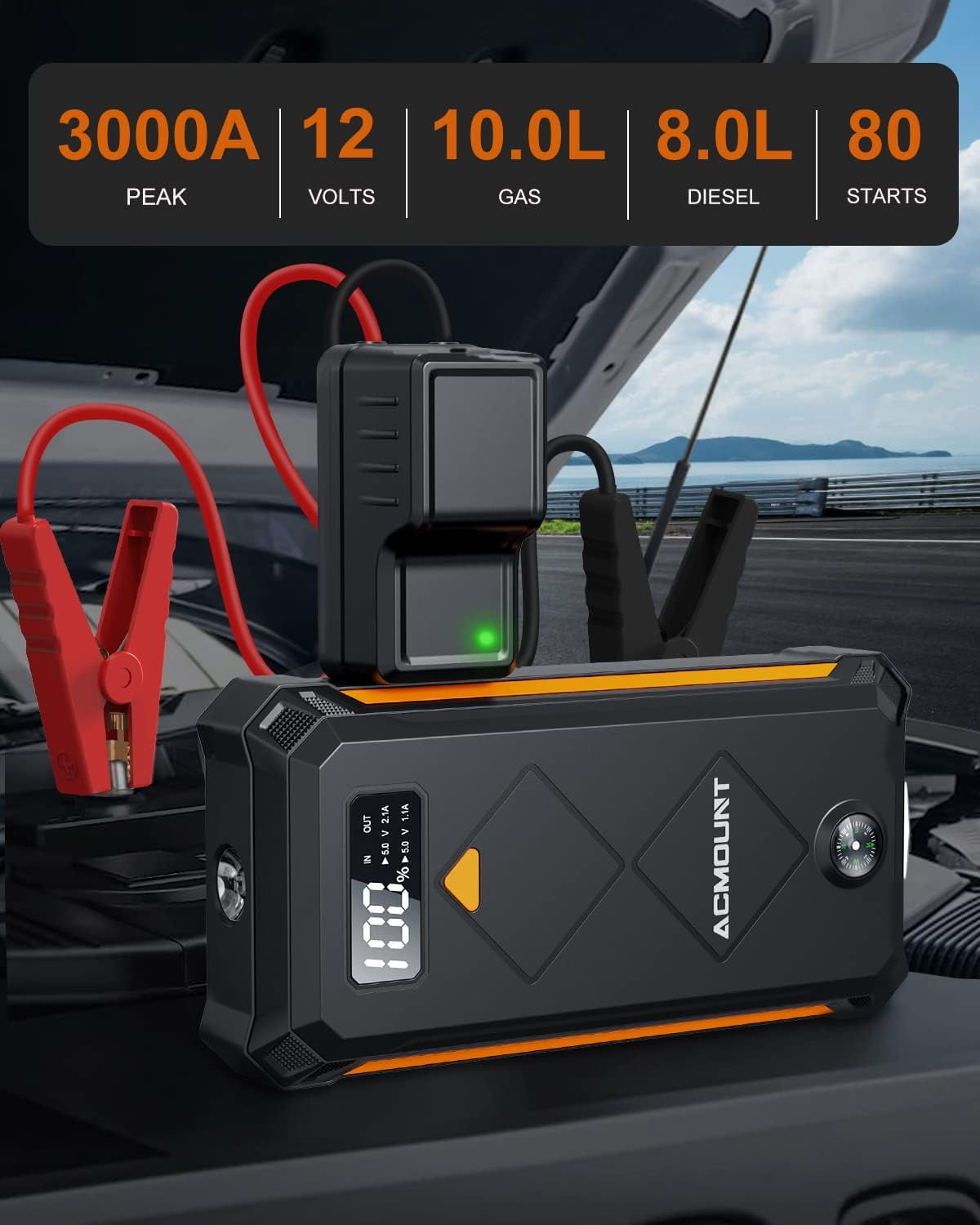 Acmount 3000A Portable 12V Car Battery Booster Jump Starter with Jump Leads, LED Flashlight, USB C for 10L Gas and 8L Diesel Engines