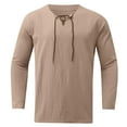 thumbnail image 3 of Icvfdpl T-Shirts For Men Casual Solid Color Splice V Neck Blouse Drawstring Long Sleeve Top Tee Shirt Stylish Man Daily Wear Beige S, 3 of 5