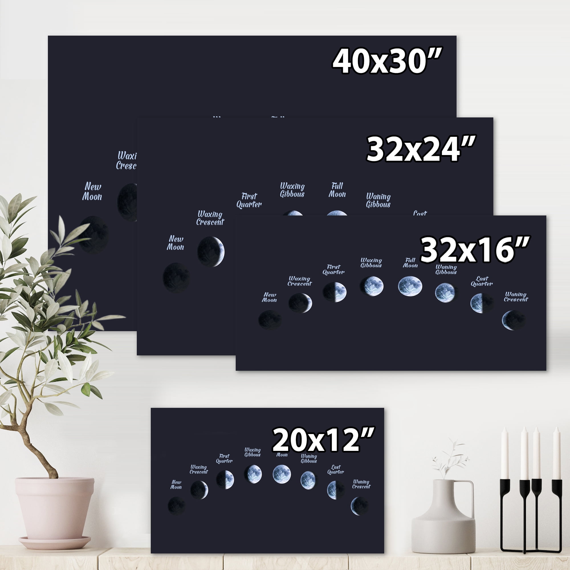 Different Moon Phases In Space 40 in x 30 in Painting Canvas Art Print, by Designart