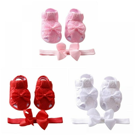 Image of Baby Girls Cotton Shoes 2pcs Princess Bowknot Lace First Walker Toddlers Baby Soft Sole Non-slip Shoes + Bow Headband Set