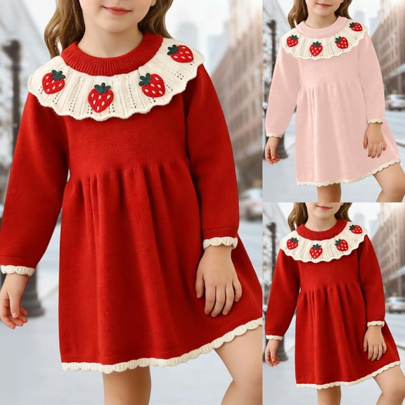 Dresses for Girls Cute Lapel Strawberry Knit Sweater Dress for Fall Girls Spring Dress Pink 4-5 Years