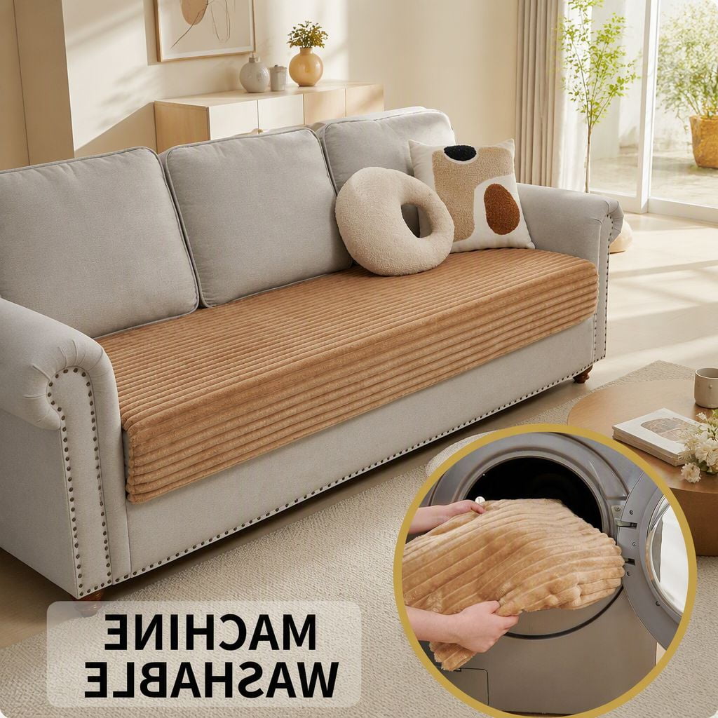 1 Pack Waterproof Couch Cover for Dogs Faux Fur Pet Sofa Cover Non-Slip Washable Furniture Protector for 3 Cushion Couch Khaki 35 x 74 Inch
