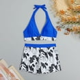 thumbnail image 4 of WREESH Womens Two Piece Swimsuit Halter Bikini Set Athletic Bathing Suits with Chest Pad Without Underwire Print Deep V High-Waisted Patchwork Swimming Trunks Split Swimsuit Blue, 4 of 8