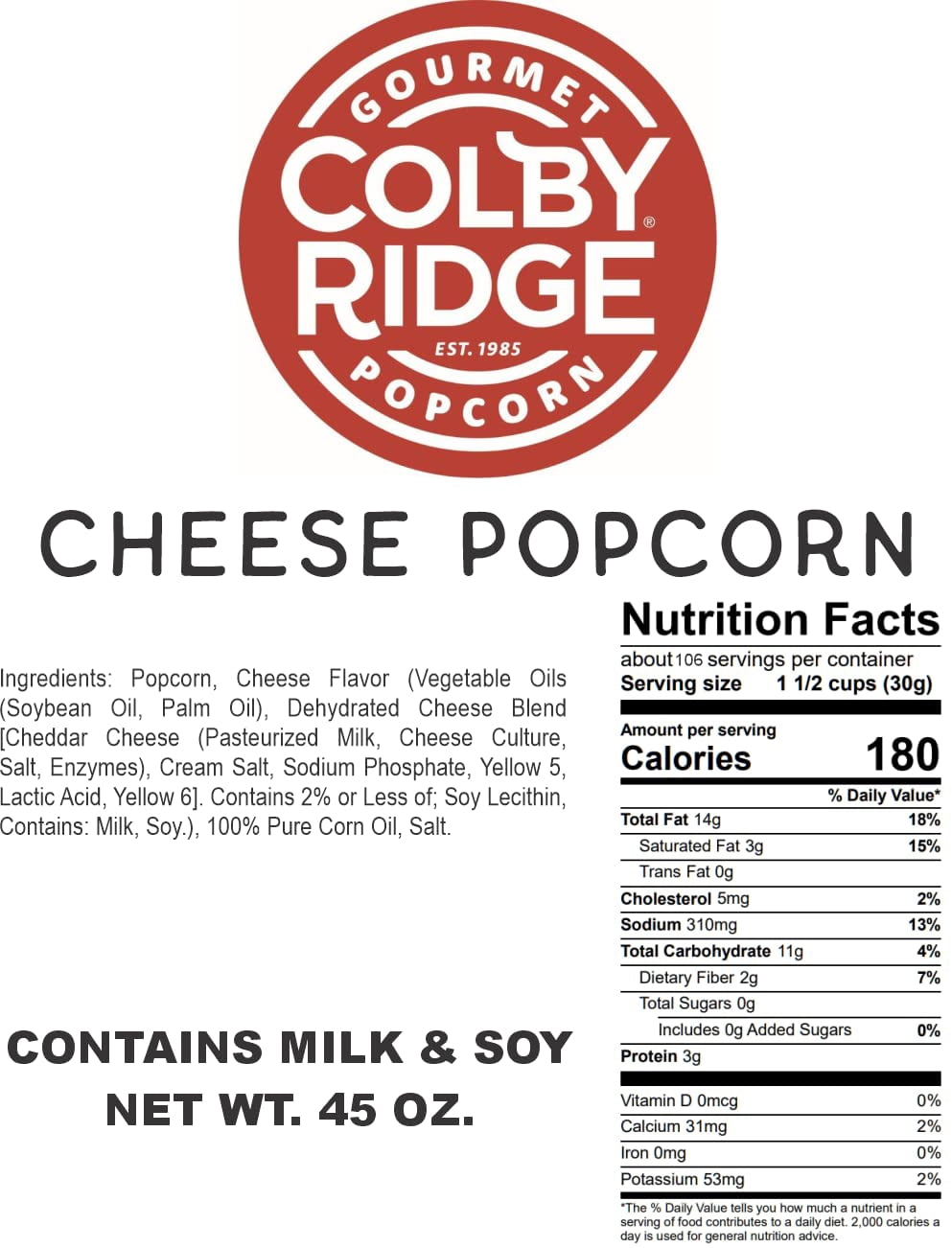 Colby Ridge Cheese Gourmet Craft Popped Gluten Free Popcorn Bulk Sized Large Gift Bags (Bulk 5 Gal. 80 Cups)