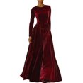 thumbnail image 2 of Western Cowgirl Velvet Dress for Women Long Sleeve Crewneck Belted Flowy Maxi Dresses Wedding Guest Dress, 2 of 5