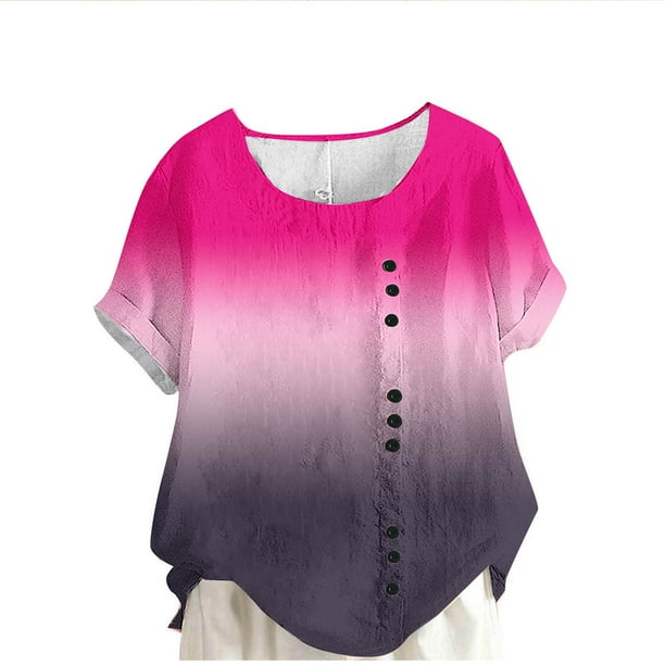 Vestidos Casuales Para Mujer, Blusas De Mujer De Moda Blusa informal de lino con botones y manga corta estampada para mujer