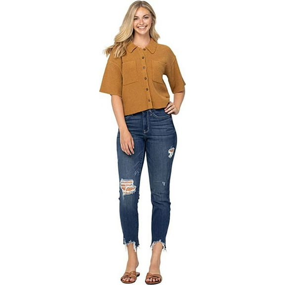 Judy Blue Womens Mid Rise Shark Bite Frayed Hem Slim Fit Jeans (1/25)