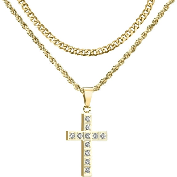 2-Pack Gold Cross Necklace for Men, Stainless Steel Layered Cross Pendant with Cuban Link Chain, 16/18/20/22/24 Inch Religious Jewelry Gifts for Him