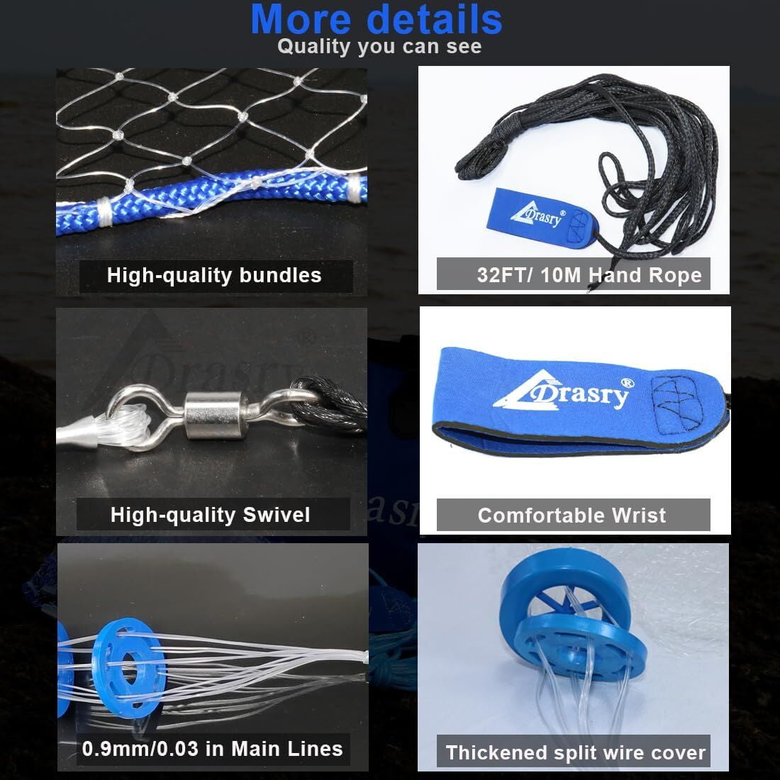 Drasry Fishing Cast Net 3/8 Mesh 3FT Bait Trap Fish Throw Nets Monofilament Line