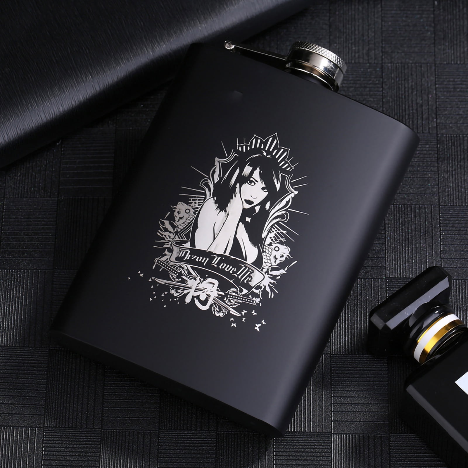 Flasque En Acier Inoxydable Noir Mat 236,8 G – Parfaite Pour Whisky Et Voyages, Design Crâne Et Soudure Laser