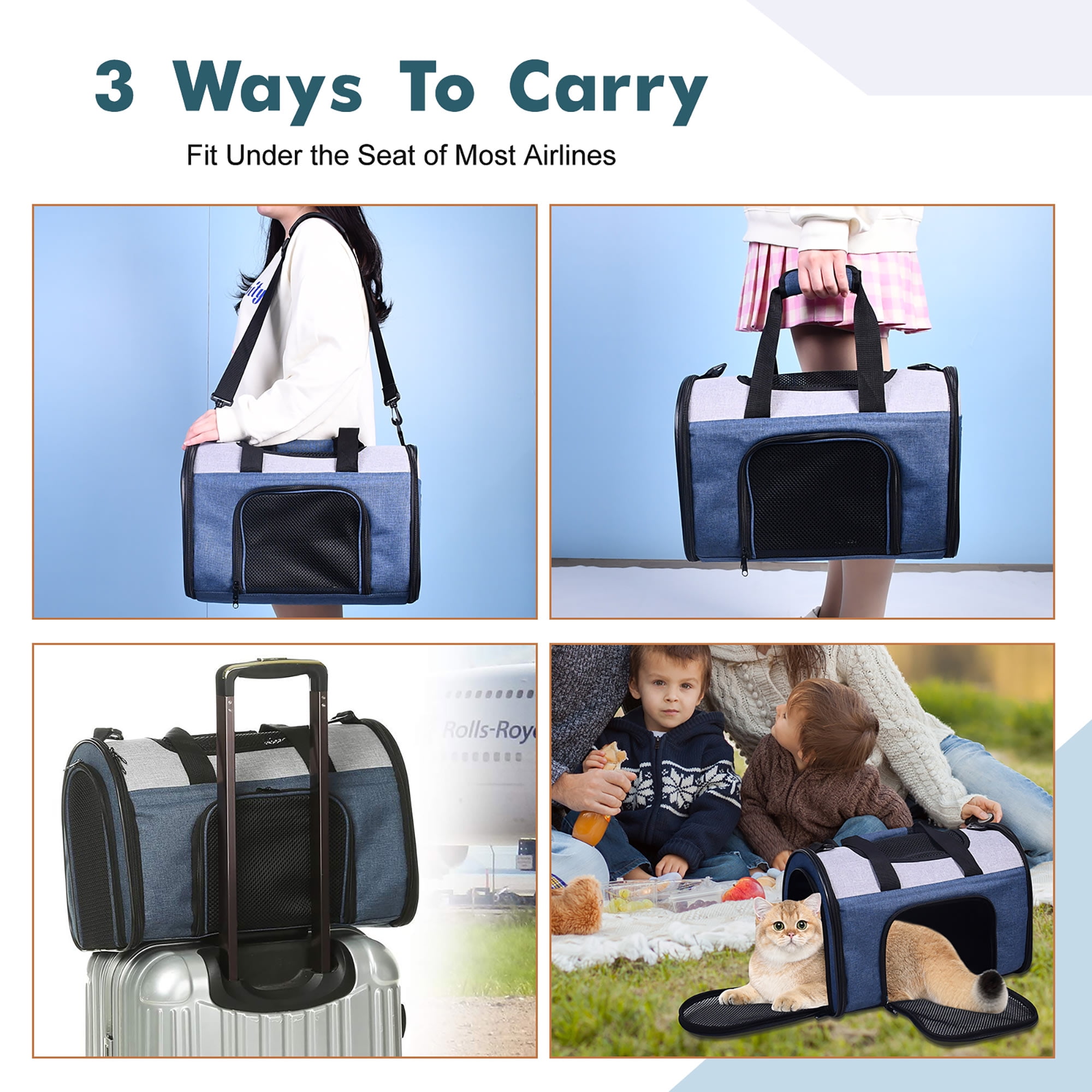 JESPET & GOOPAWS: Sport Airline Pet Carrier - Dark Blue - 16", Dogs Cats Up To 10lbs, Soft-Sided Collapsible Kennel, Airline Approved, Travel Handbag