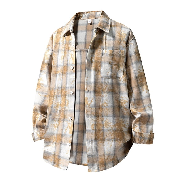 Mens Long Sleeve Shirts with Pocket and Collared Button-Down Tshirts Shirt Casual Plaid Printed Comfort Lapel Loungewear Work Shackets Tops