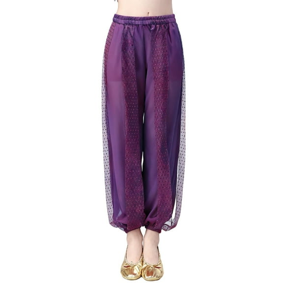 Ltctricy Girls' Sequin Jogger Pants Elastic High Waisted Pull on Cinch Bottom Pants Dance Performance Trousers for Kids(Purple,11-12 Years)