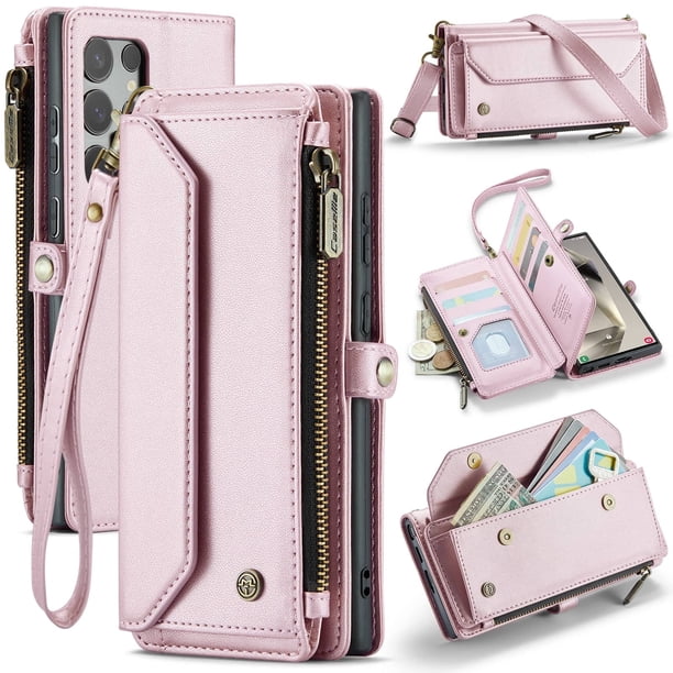 Bandolera para Samsung Galaxy S25 Ultra Case Wallet 【Bloqueo RFID】con Ranura para Billetes con Cremallera y 10 Tarjeteros,Correa magnética para Hombro y muñeca de Cuero PU Suave