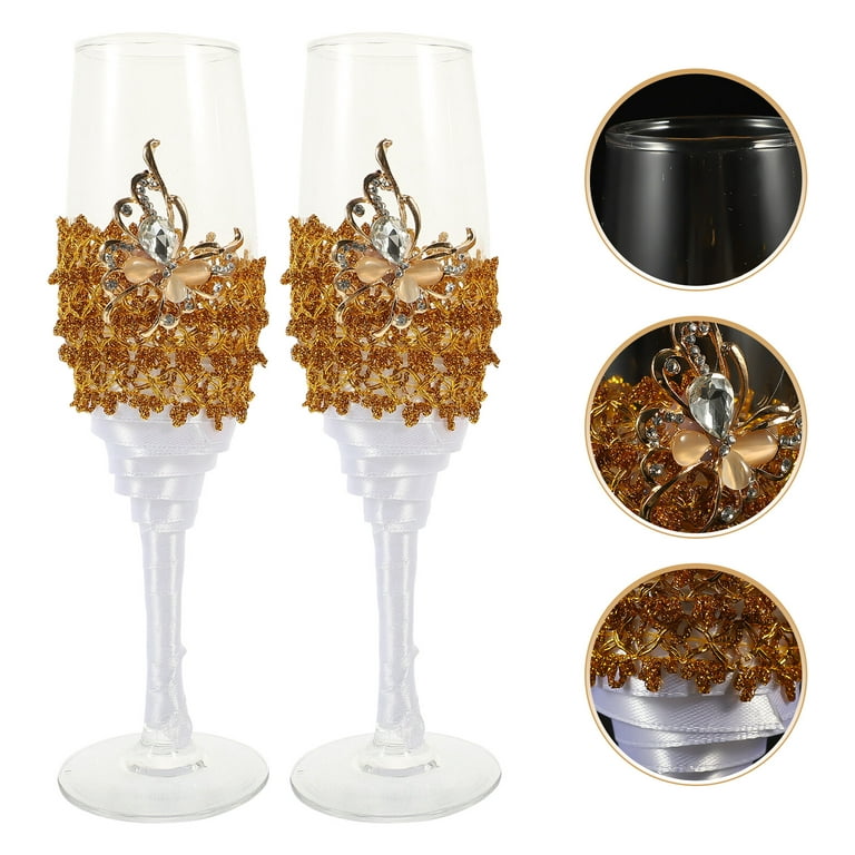 MATANA 50 Gold Glitter Goblet Plastic Wine Glasses for Weddings