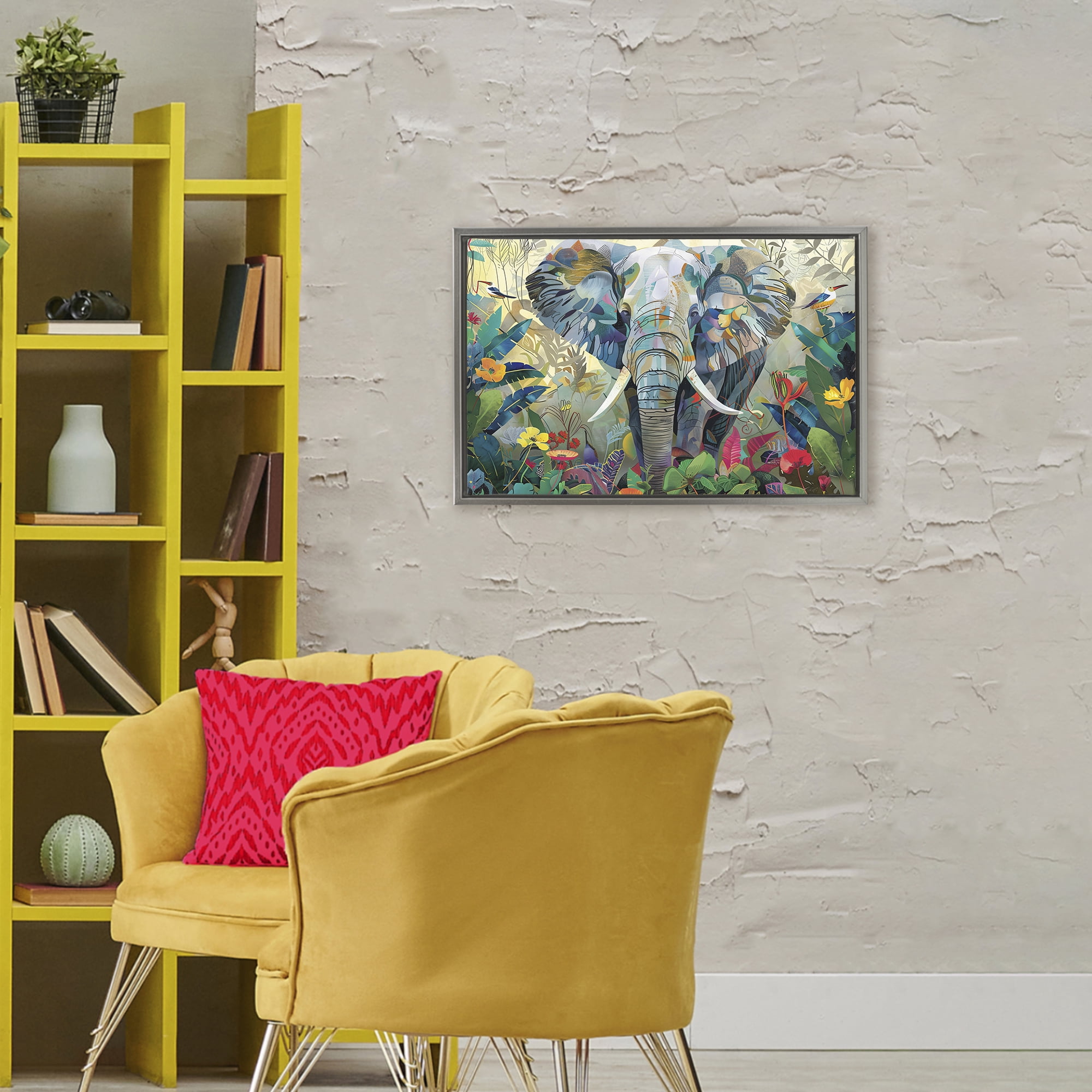 Stupell Industries Elephant's Realm in Tropical Bloom Gray Framed Floater Canvas Wall Art, design by Lazar Studio