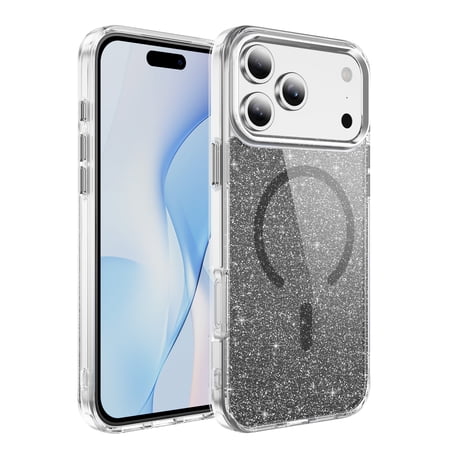 Poweltek For iPhone 17 Pro Max Magnetic Back Cover, Shockproof Glitter PC+TPU Anti-Scratch Wireless Charging Anti-Fingerprint Case, Black