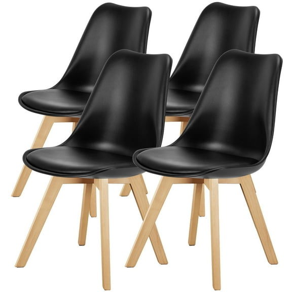 Aidoly Set of 4 Dining Kitchen Chairs, Modern Chair with Wood Legs, PU Leather with Soft Cushion, Black
