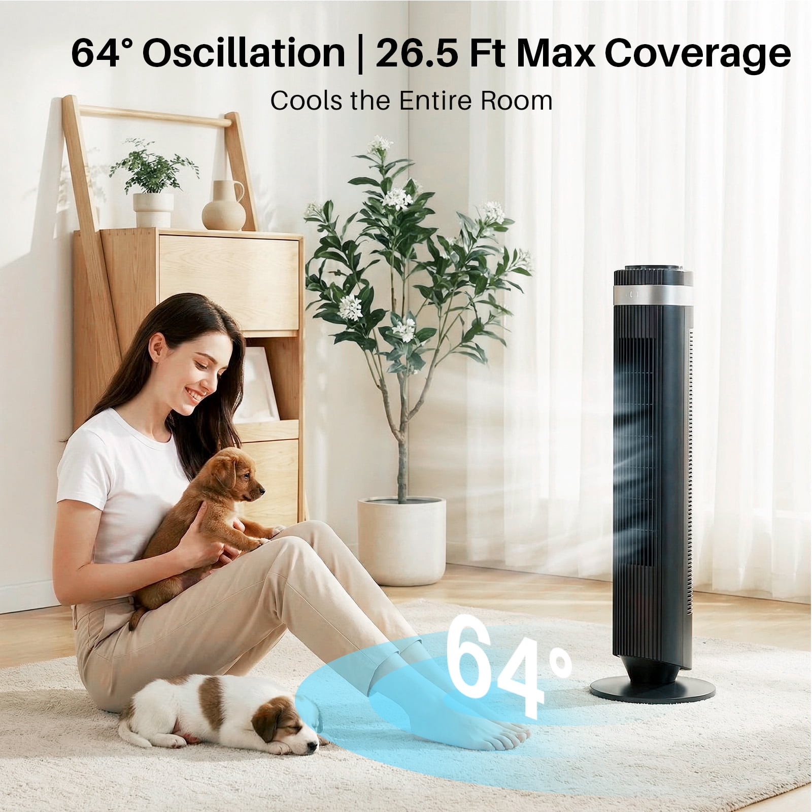 Tower Fan for Home, 64° swivel Standing Floor Fan with Remote, Bladeless Fan Cold Air Quiet, 5 Speeds, 4 Modes, LED Display, Black