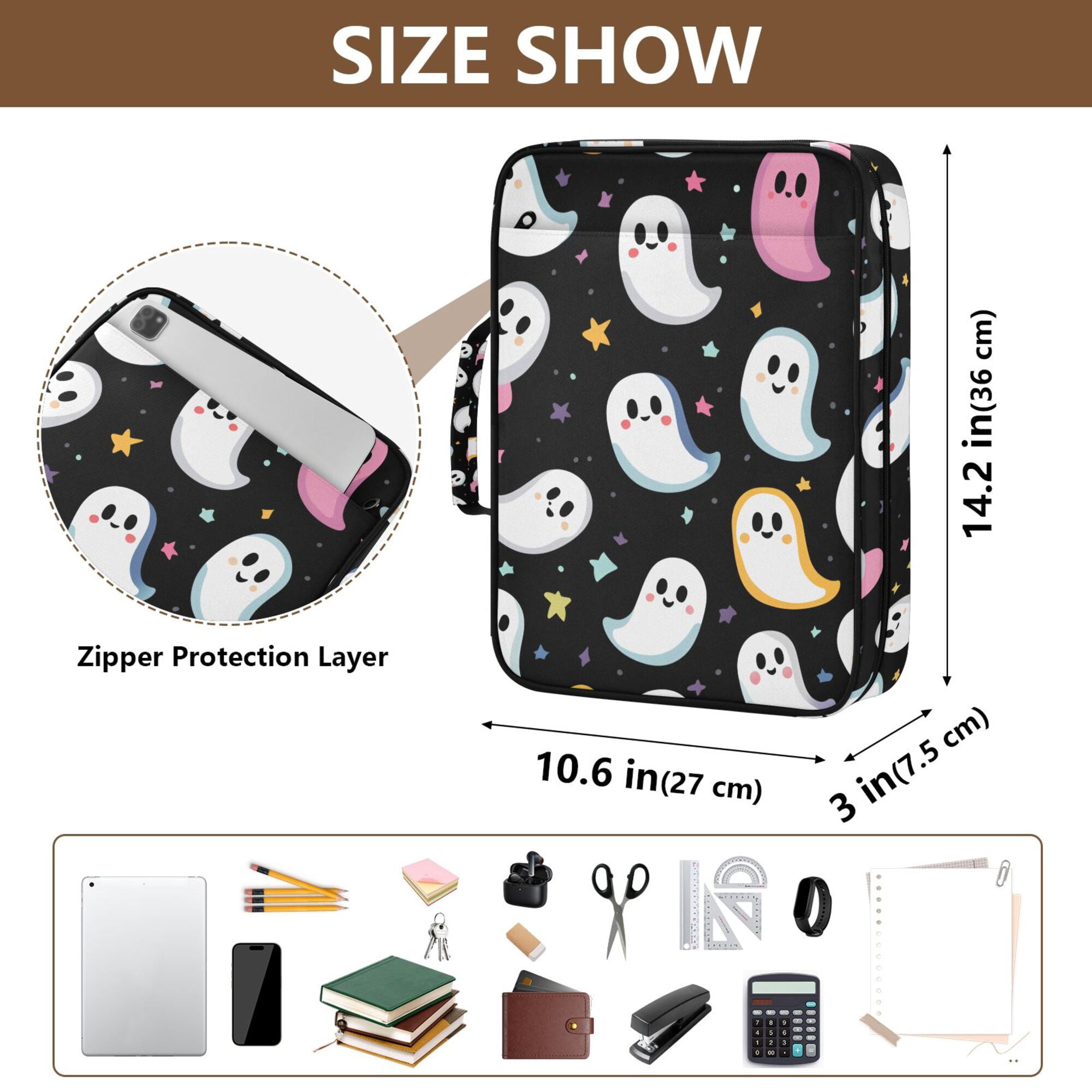 FORMRS Accordion File Folder A4 Size 7-Pocket Expanding Document Organizer Bag with 3 Ring Binder, White Halloween Ghost
