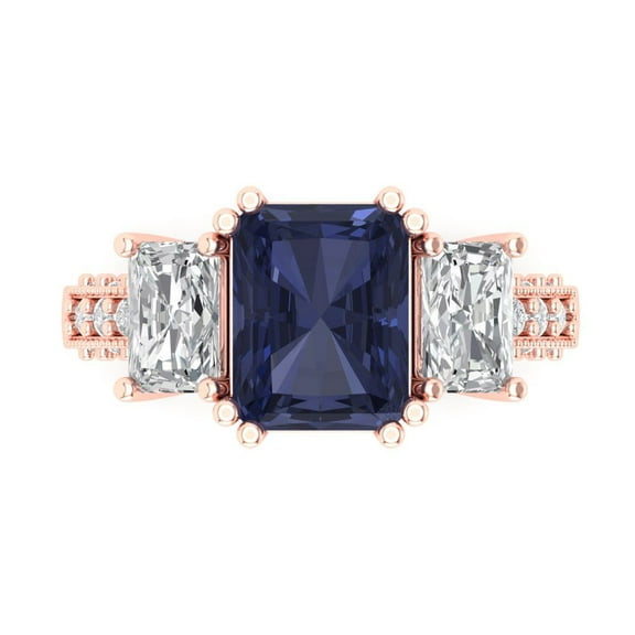 Three-Stone Engagement Ring for Women - 4.27ct Simulated Blue Sapphire in 14K Rose Gold Promise Ring