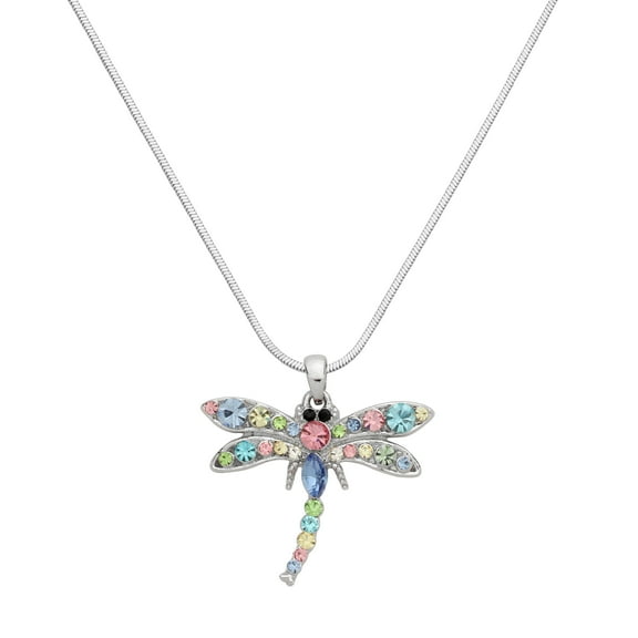 Dragonfly Pendant Necklace Rhinestone Crystal Rhodium Plated 17 Inch Snake Chain J1130