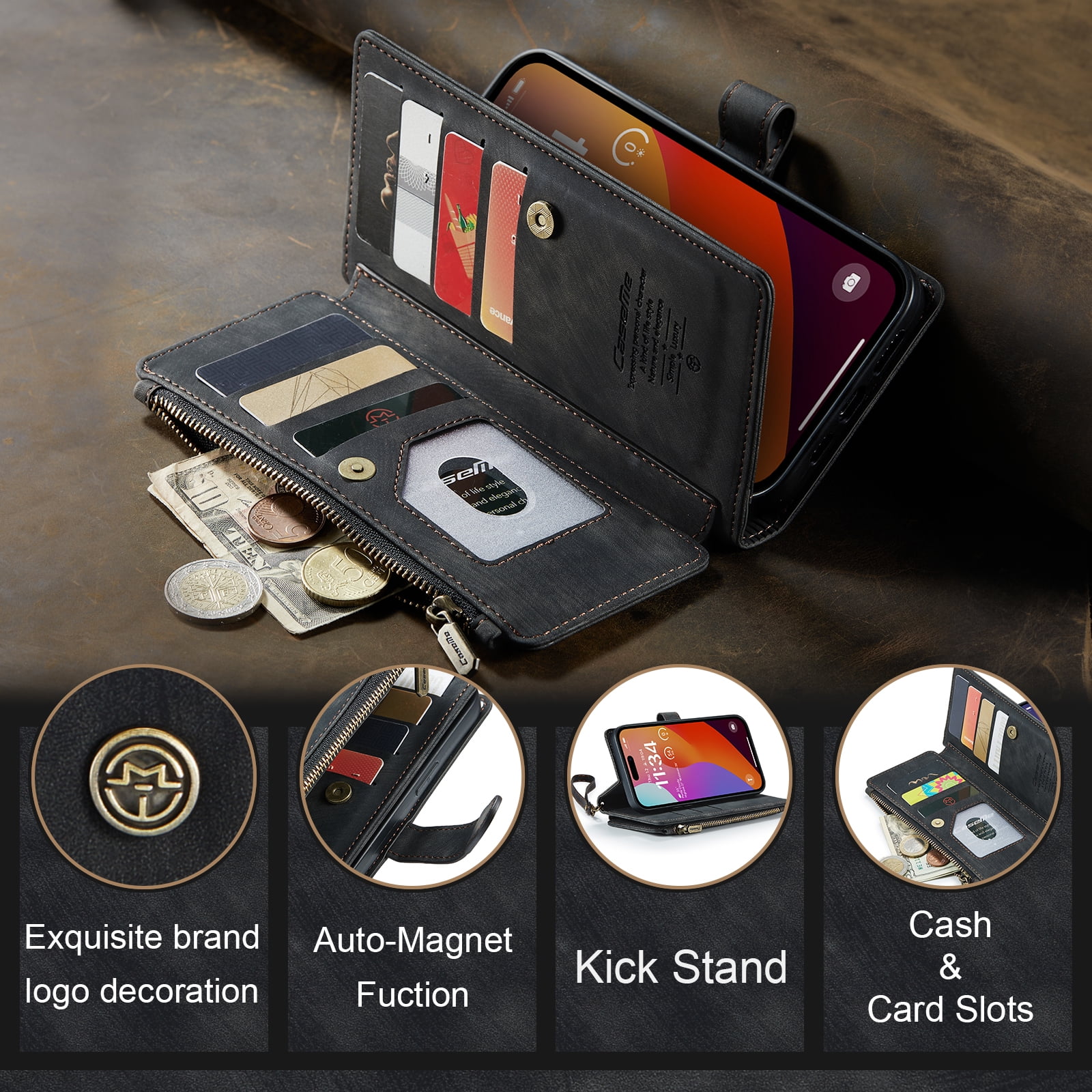 Dteck for iPhone 15 Pro Max Case with Card Holder, Premium iPhone 15 Pro Max Wallet Case for Women Men, Heavy Duty Durable PU Leather With Flip Zipper Pocket Phone Case w/ Wrist Strap Lanyard,Black