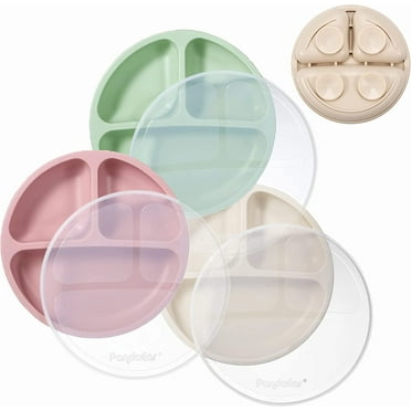 Silicone Suction Plates for Babies & Toddlers, 3 Pack Divided Unbreakable Plates with Lid - Non-Slip - Dishwasher and Microwave Safe (Pink Green Light Tan)