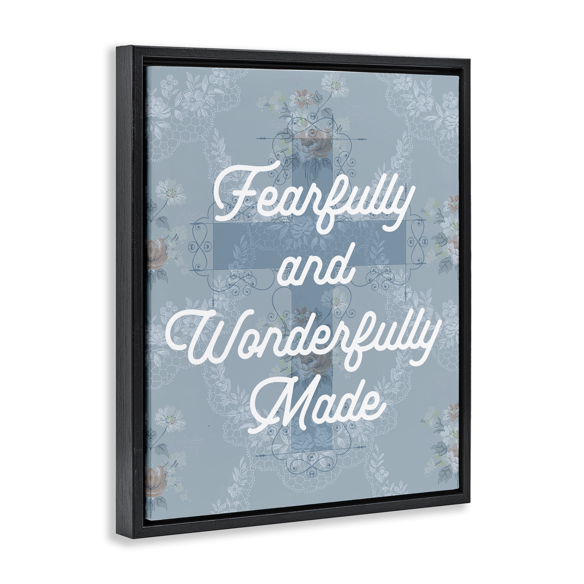 Stupell Industries Wonderfully Made Floral Cross Religious & Spiritual Painting Black Floater Framed Canvas Art Print Wall Art, 25 x 31