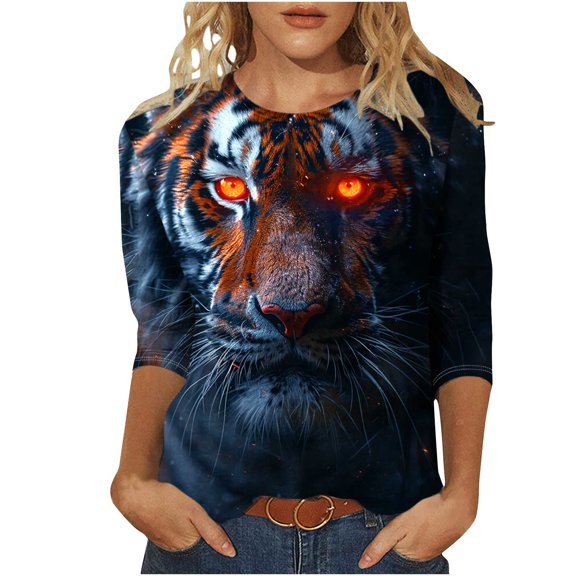 Raeneomay 3/4 Length Sleeve Womens Tops Women's Fashion Tees Casual CrewNeck Loose T Shirt Ladies Tops Blouses Shirts