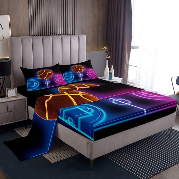 Basketball Full Bed Sheets Sports Sheets Teen Basketball Lover Sheet Set Sports Game Themed Fitted Sheet Ball Game Decor Flat Sheet