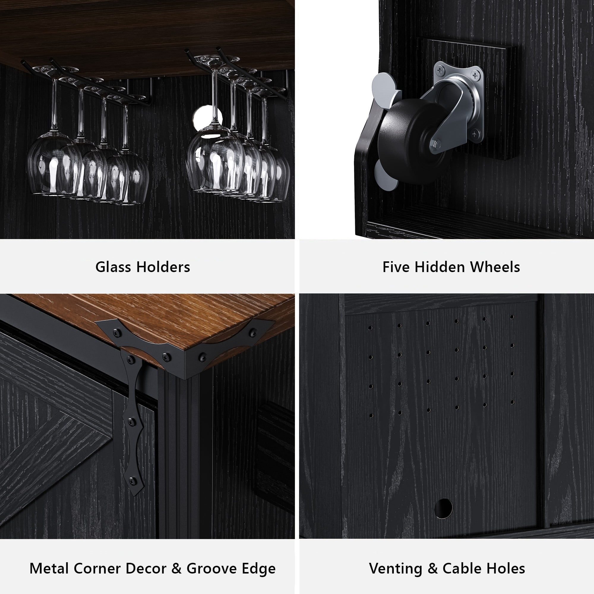 Aukfa 72" Farmhouse Kitchen Island with Fridge Space & Power Outlet, Rolling Storage Cart, Black