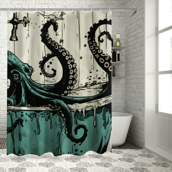 Shiartex Cool Octopus Shower Curtain Funny Kraken in The Bathtub Shower Curtain for Bathroom Waterproof Fabric Bathroom Curtain Ocean Sea Teal Bath Curtain Bathtub Decor 36x72