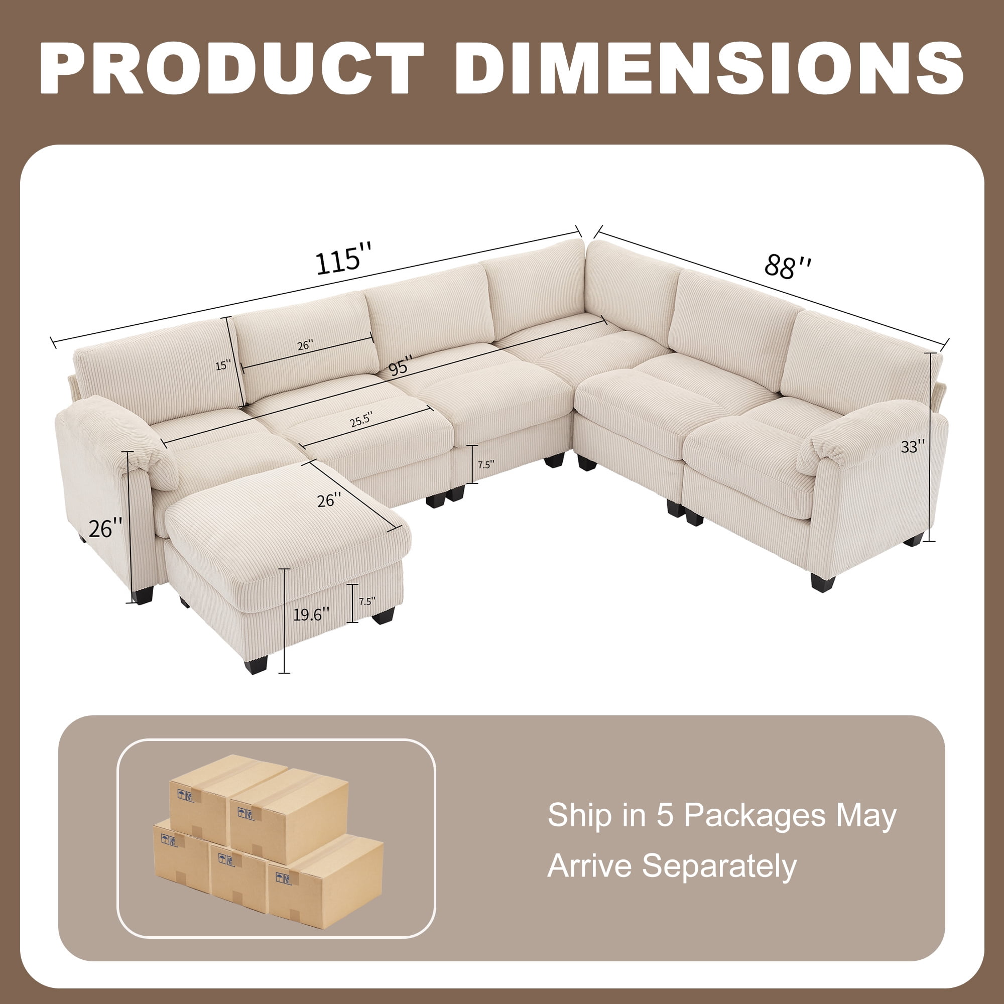 JUSTLET Oversized Modular Sectional Sofa, Oversized U Shaped Couch, Convertible Sleeper Sofa, 7 Seat Sofa with Chaise, Deep Seat Comfy Cloud Couch with Ottoman for Living Room, Corduroy, Beige