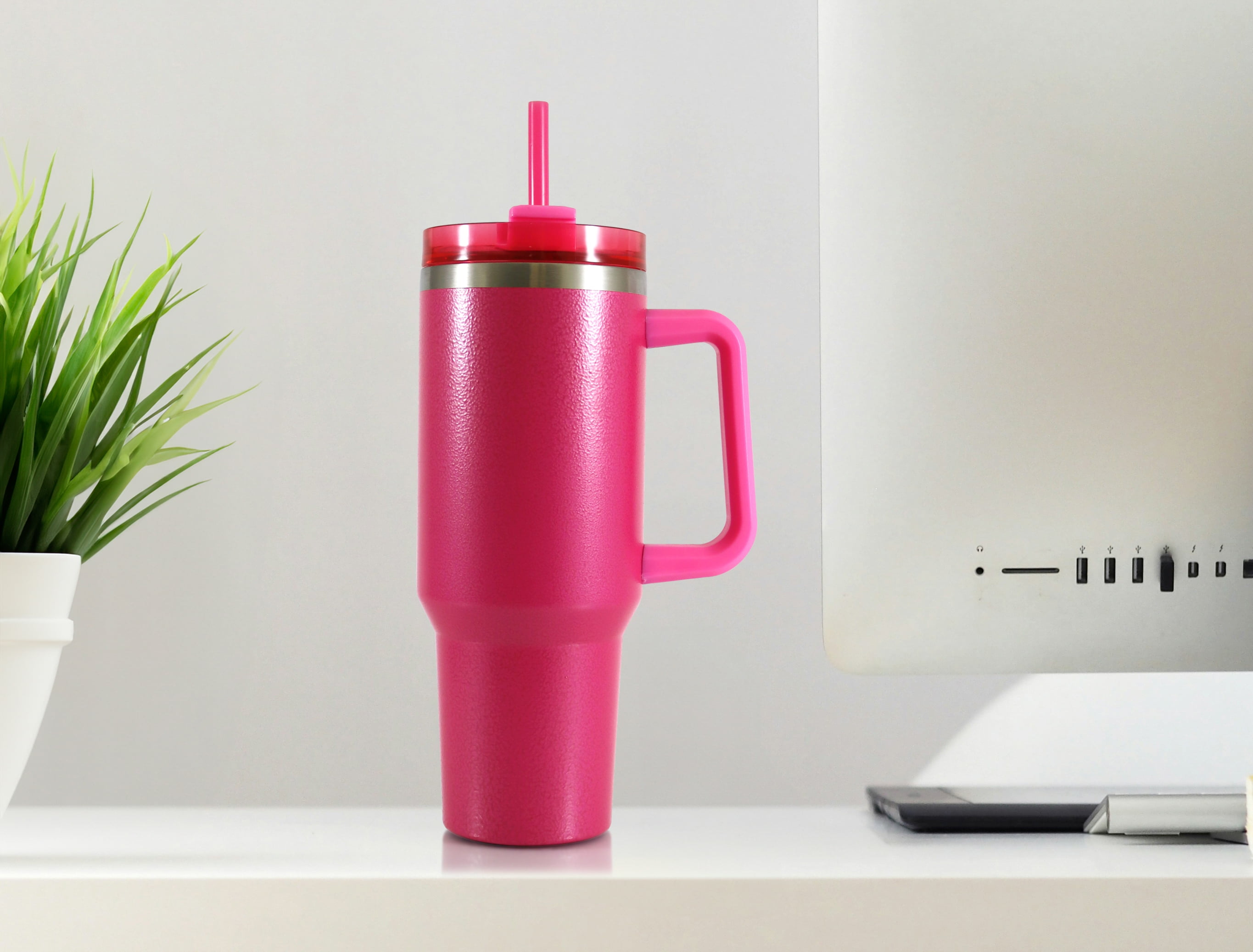Mainstays 40 oz Stainless Steel Tumbler with Straw and Handle, Double Wall Insulated, Pink Hammertone