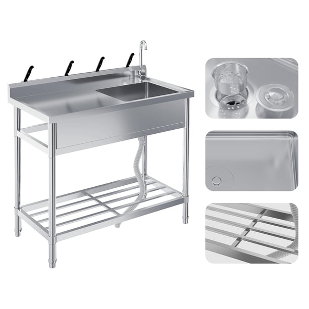 Kojooin Fregadero Utilitario de Acero Inoxidable, Tazón Individual Independiente con Grifo Frío/calor, Patas Ajustables, Estante de Almacenamiento, para Cocina, Garaje, Uso Al Aire Libre