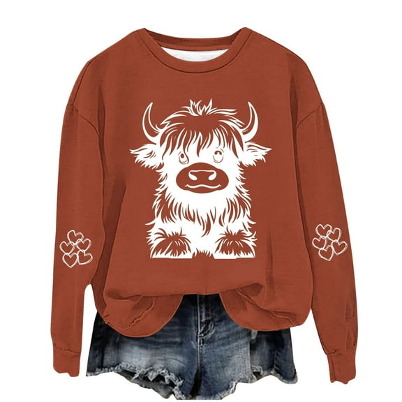successthop Sweatshirt Women Cow Fleece Plus Size Crewneck Long Sleeve Sweatshirts Pullover Hoodie Print Hoodies Orange