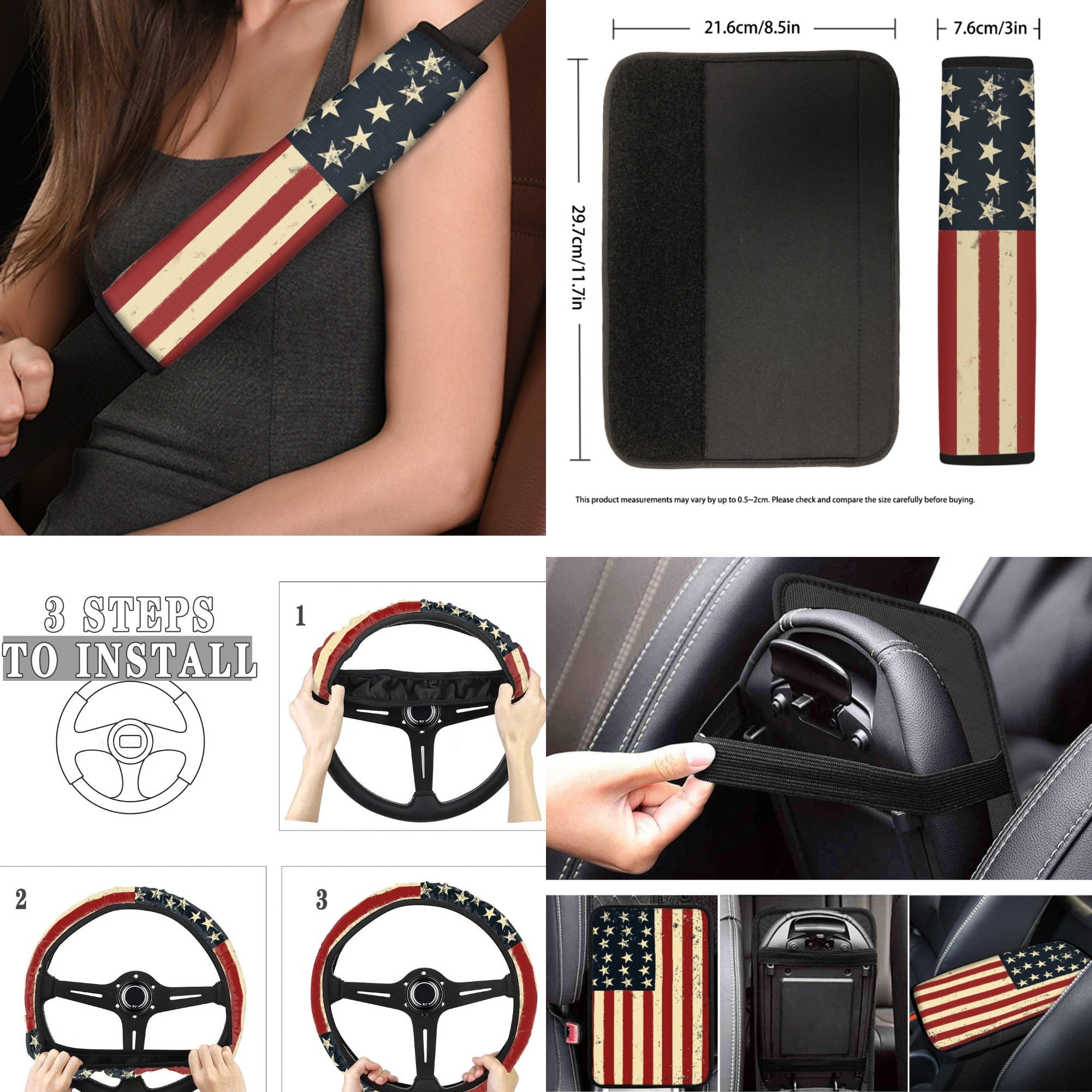 Jeiento American Flag 17 Pieces Car Seat Cover Full Set for Women Men, 4Th of July Car Floor Mat, Seat Belt Cover for Adult Steering Wheel Cover Car Accessories for Car SUV Truck