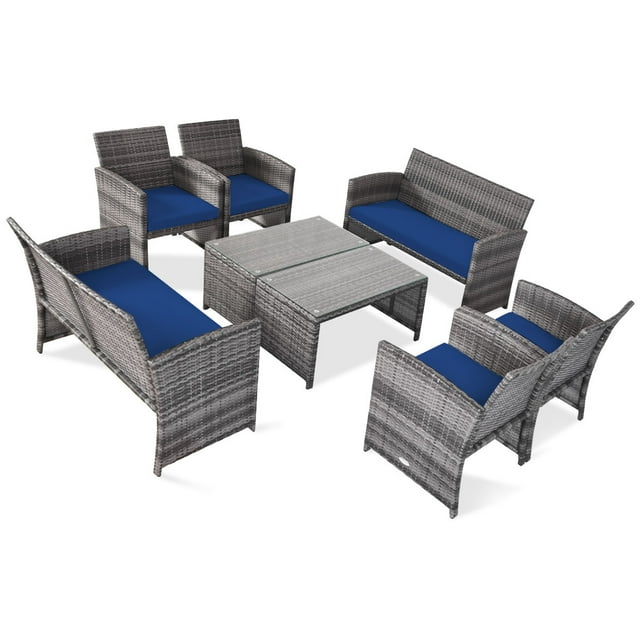 Patiojoy Ensemble de Mobilier de Patio Extérieur 8 Pcs en Rotin Osier Ensemble de Canapé de Conversation Bleu Marine