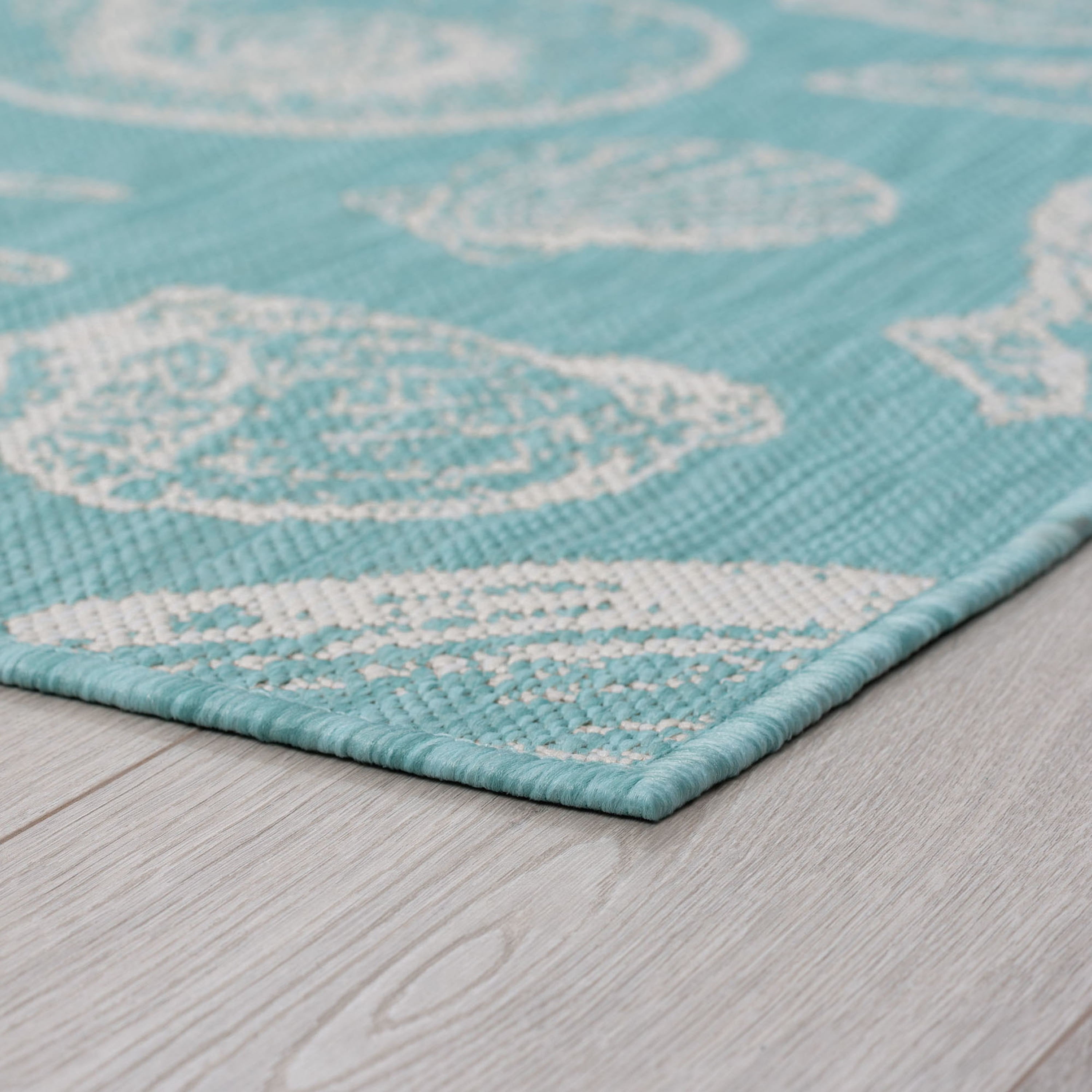 Bliss Rugs Solid Border Indoor Outdoor Area Rug for Patio, Porch, Garden | Aqua, 5'3'' x 7'3''
