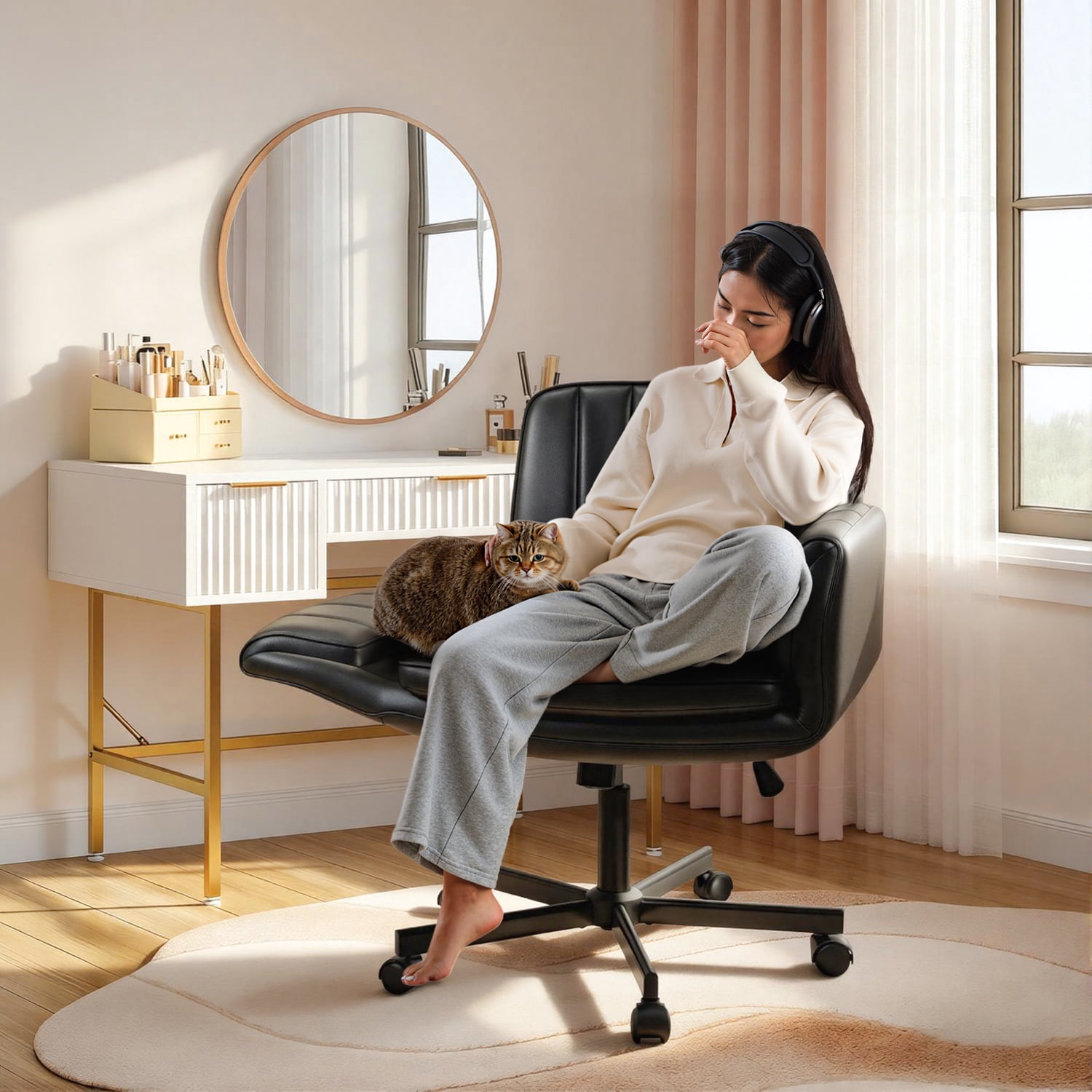 Waleaf Criss Cross Chair with Wheels & Armrests, Criss Cross Office Swivel Chair, PU Leather Vanity Chair with Back, Beige Comfortable Adjustable Vanity Desk Chairs for Home Office and Bedroom