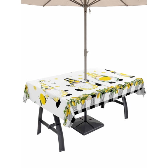 Outdoor Tablecloth with Umbrella Hole for Patio/Picnic/Party/Camping, Lemon Gnomes Waterproof Table Cloth Rectangle Table Cover Washable, Farmhouse Botanical Fruits Black Plaid (52"x 70")