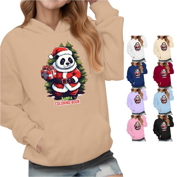 Oiyii Santa Panda Christmas Graphic Hoodie for Toddler Girl Long Sleeve Street Hooded Sweatshirt Pullover Top,Khaki